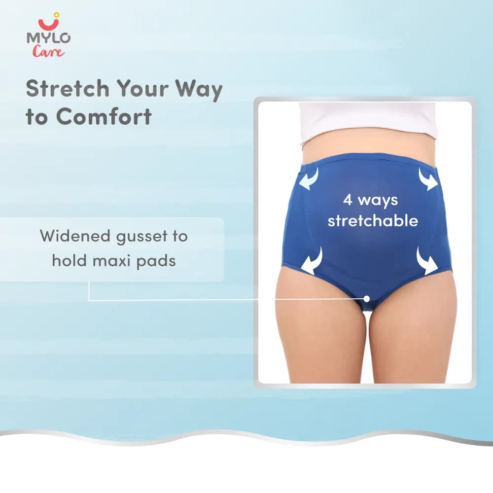 High Waist Maternity Panty for Pregnancy & Post-Delivery | Anti-Microbial with Comfy Adjustable Waistband - Blue & Black - L - Pack of 2