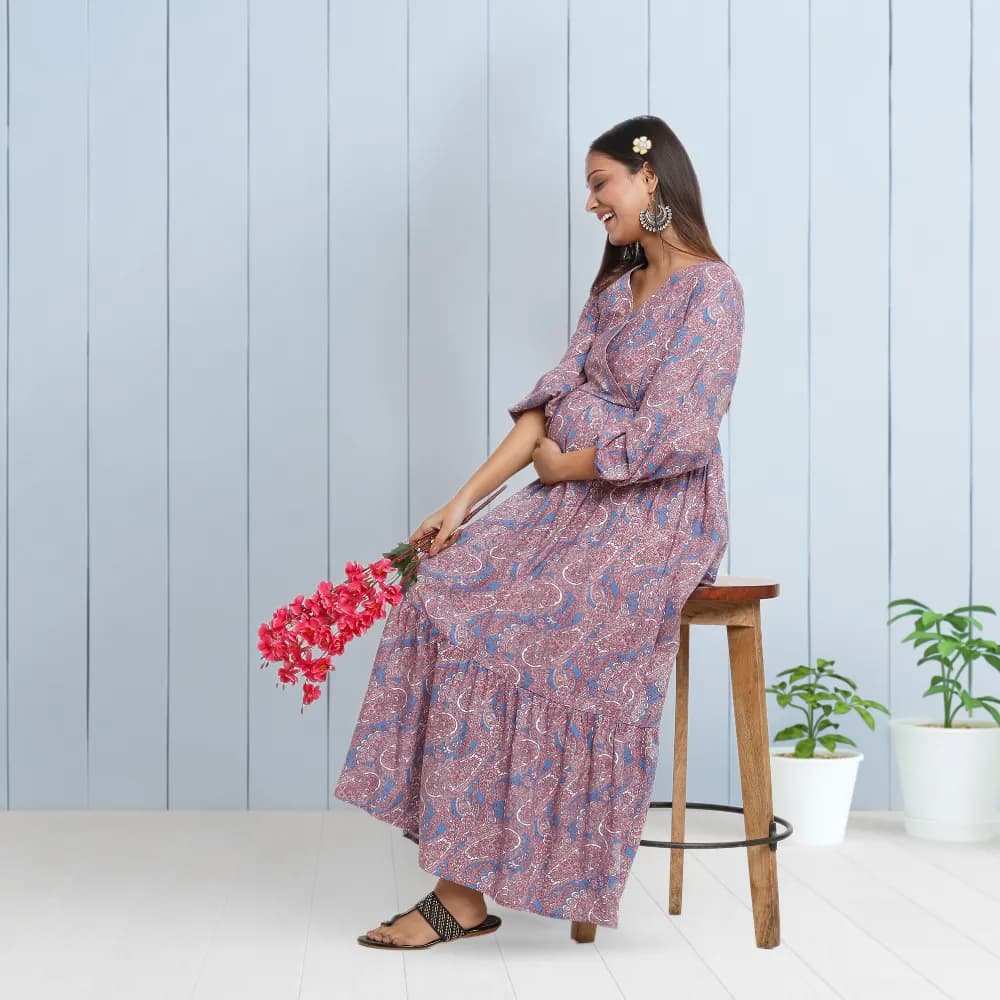 Maternity Dresses For Women with Both Side Zipper For Easy Feeding | Adjustable Belt for Growing Belly | Maxi Dress | Persian Paisley - Blue | XXL