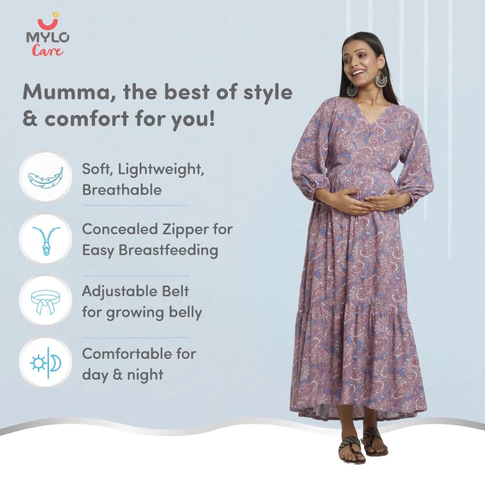 Maternity Dresses For Women with Both Side Zipper For Easy Feeding | Adjustable Belt for Growing Belly | Maxi Dress | Persian Paisley - Blue | XXL