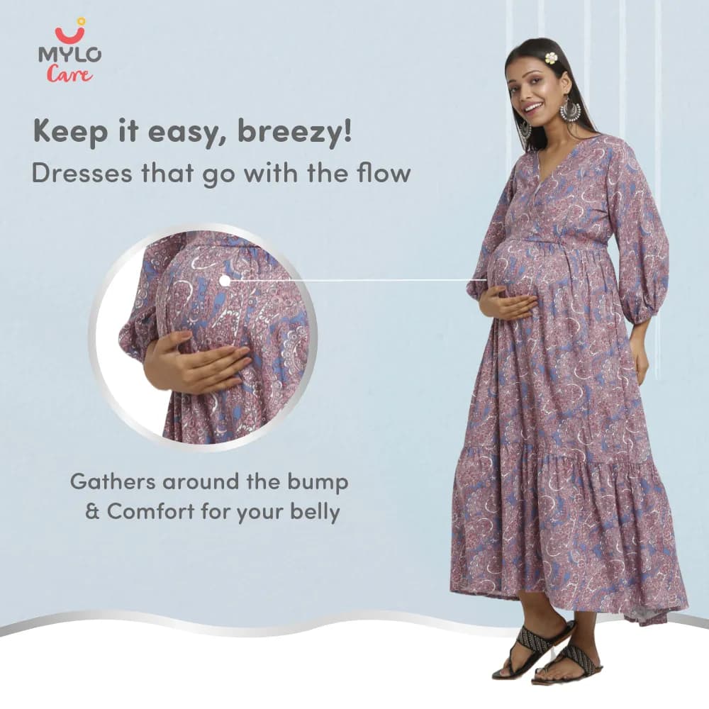 Maternity Dresses For Women with Both Side Zipper For Easy Feeding | Adjustable Belt for Growing Belly | Maxi Dress | Persian Paisley - Blue | XXL