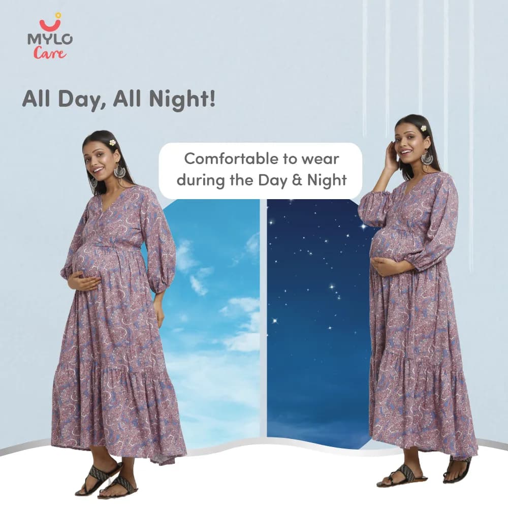 Maternity Dresses For Women with Both Side Zipper For Easy Feeding | Adjustable Belt for Growing Belly | Maxi Dress | Persian Paisley - Blue | XXL