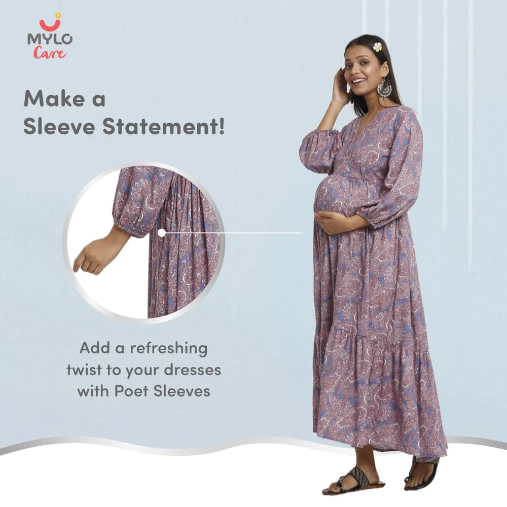 Maternity Dresses For Women with Both Side Zipper For Easy Feeding | Adjustable Belt for Growing Belly | Maxi Dress | Persian Paisley - Blue | XXL