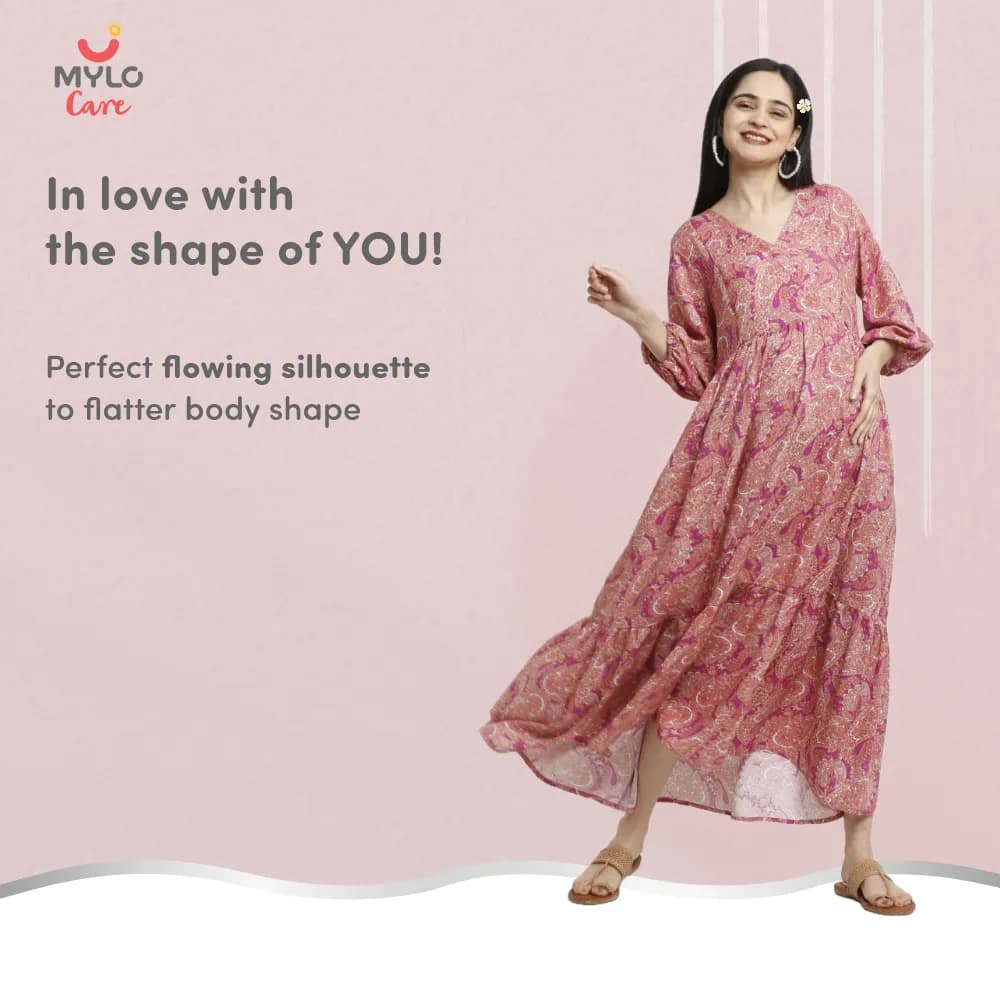 Maternity Dresses For Women with Both Side Zipper For Easy Feeding | Adjustable Belt for Growing Belly | Maxi Dress | Persian Paisley - Pink | M