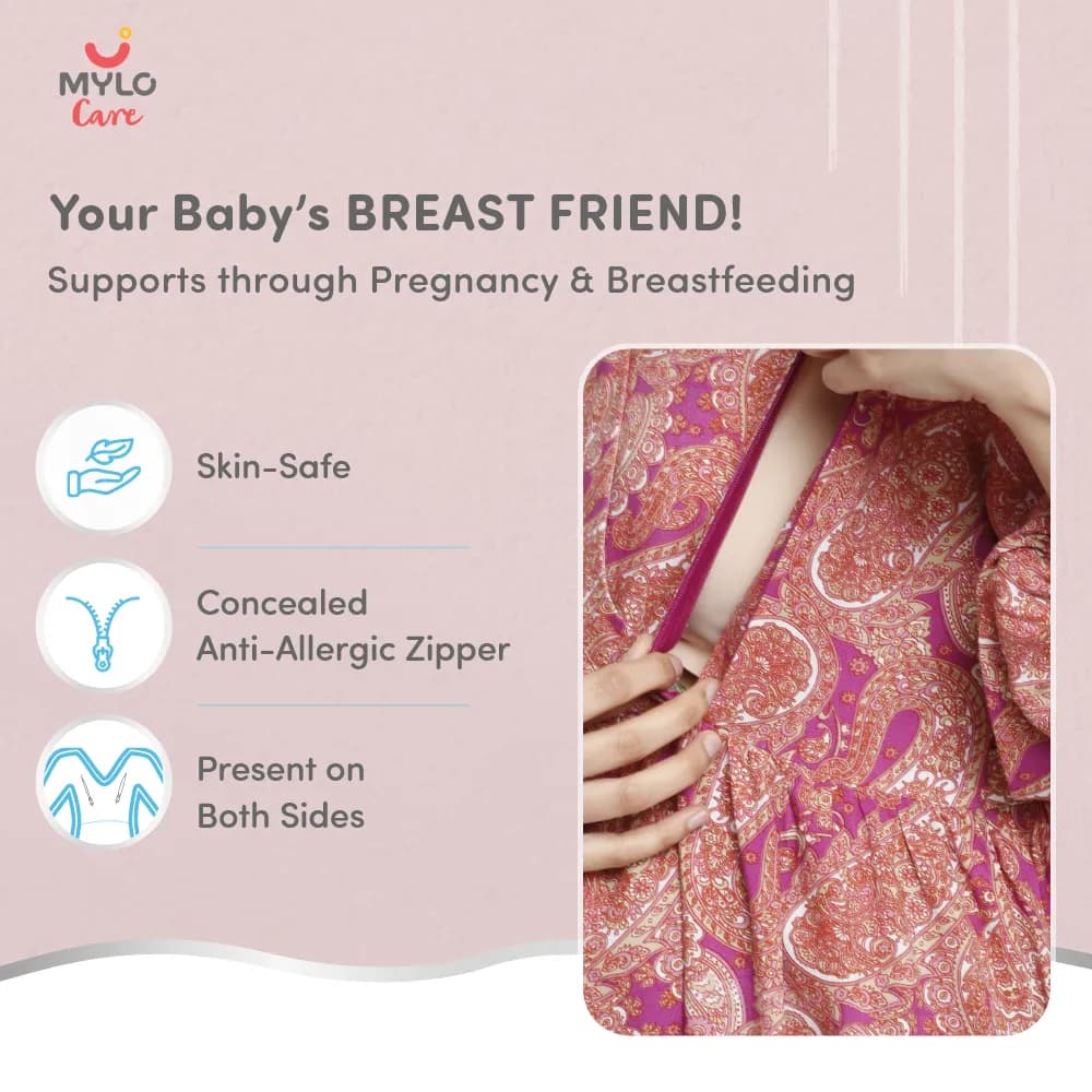 Maternity Dresses For Women with Both Side Zipper For Easy Feeding | Adjustable Belt for Growing Belly | Maxi Dress | Persian Paisley - Pink | M