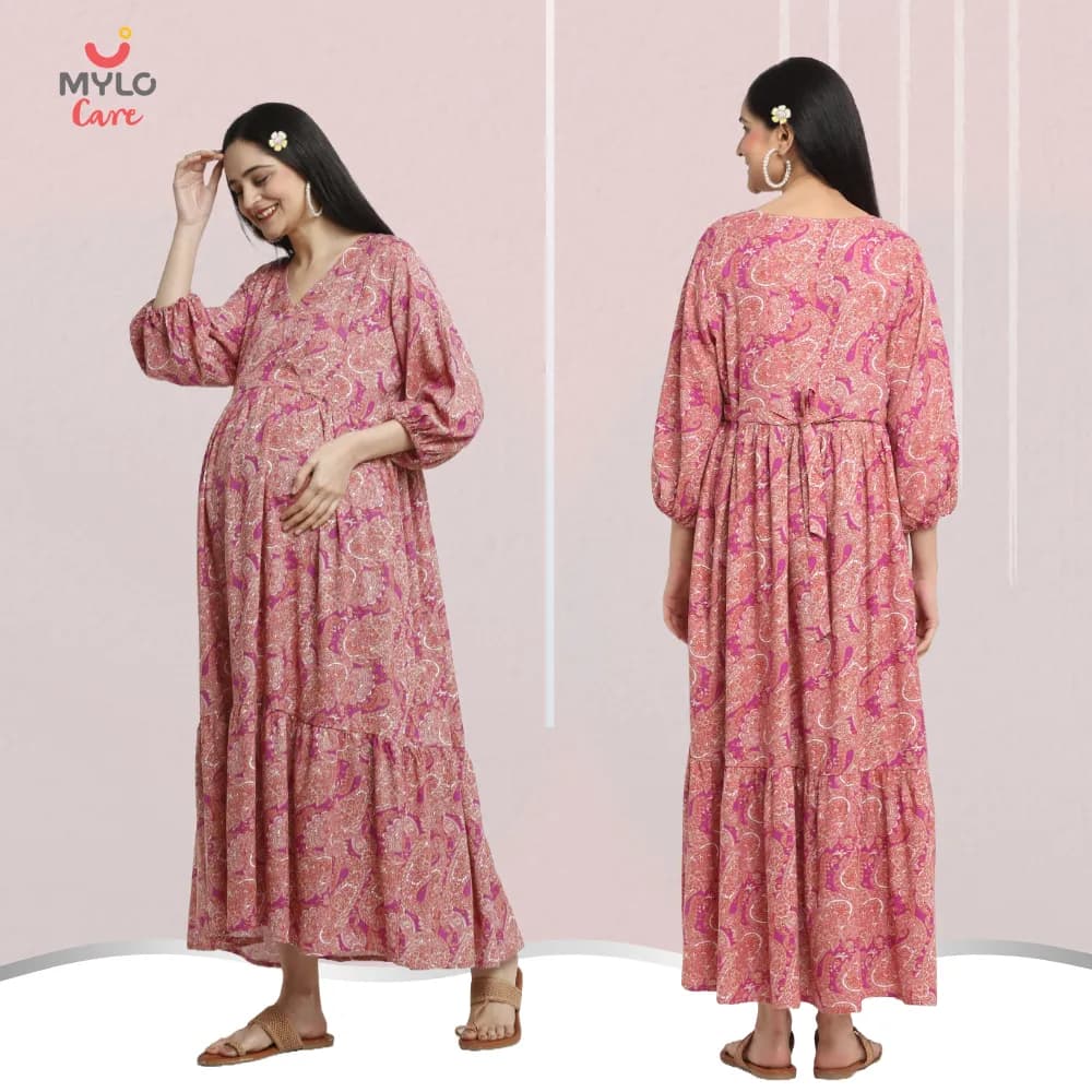 Maternity Dresses For Women with Both Side Zipper For Easy Feeding | Adjustable Belt for Growing Belly | Maxi Dress | Persian Paisley - Pink | L