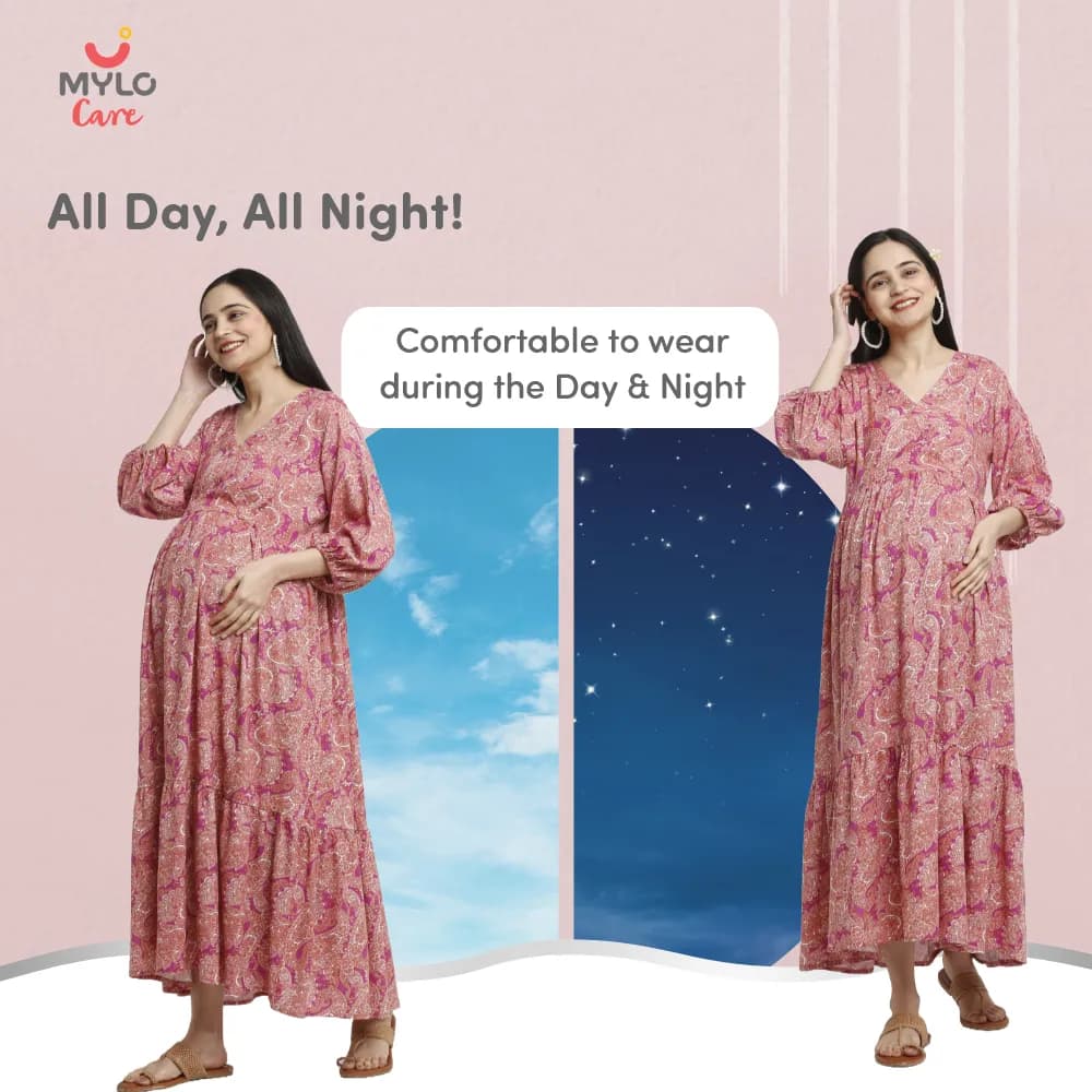 Maternity Dresses For Women with Both Side Zipper For Easy Feeding | Adjustable Belt for Growing Belly | Maxi Dress | Persian Paisley - Pink | L