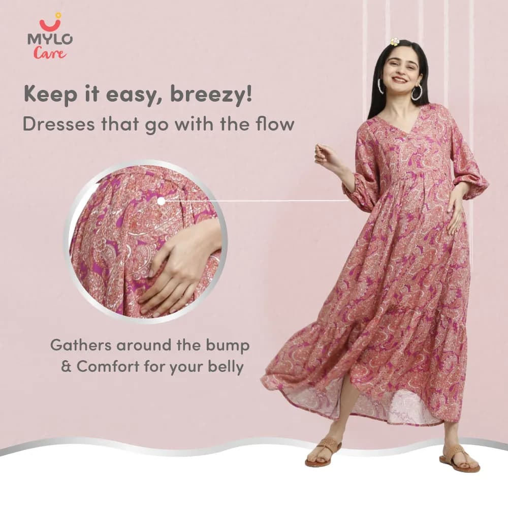Maternity Dresses For Women with Both Side Zipper For Easy Feeding | Adjustable Belt for Growing Belly | Maxi Dress | Persian Paisley - Pink | XL