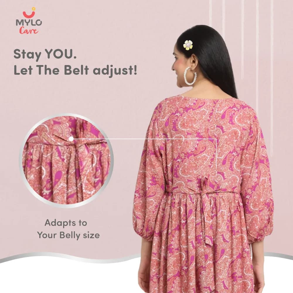Maternity Dresses For Women with Both Side Zipper For Easy Feeding | Adjustable Belt for Growing Belly | Maxi Dress | Persian Paisley - Pink | XL