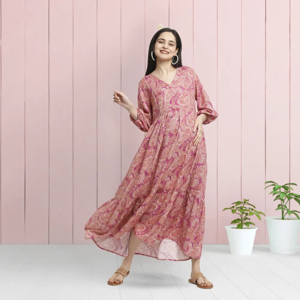 Maternity Dresses For Women with Both Side Zipper For Easy Feeding | Adjustable Belt for Growing Belly | Maxi Dress | Persian Paisley - Pink | XXL