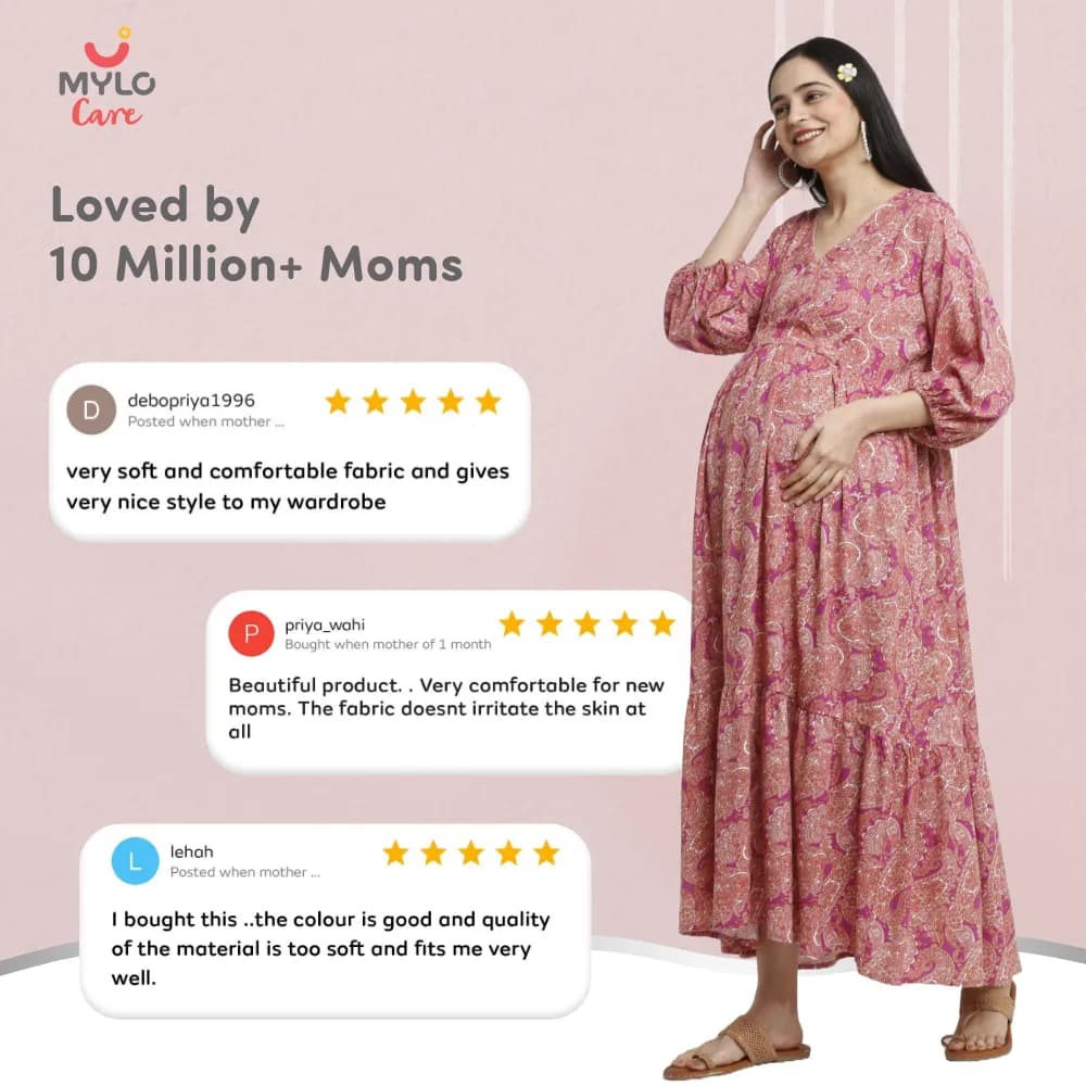 Maternity Dresses For Women with Both Side Zipper For Easy Feeding | Adjustable Belt for Growing Belly | Maxi Dress | Persian Paisley - Pink | XXL