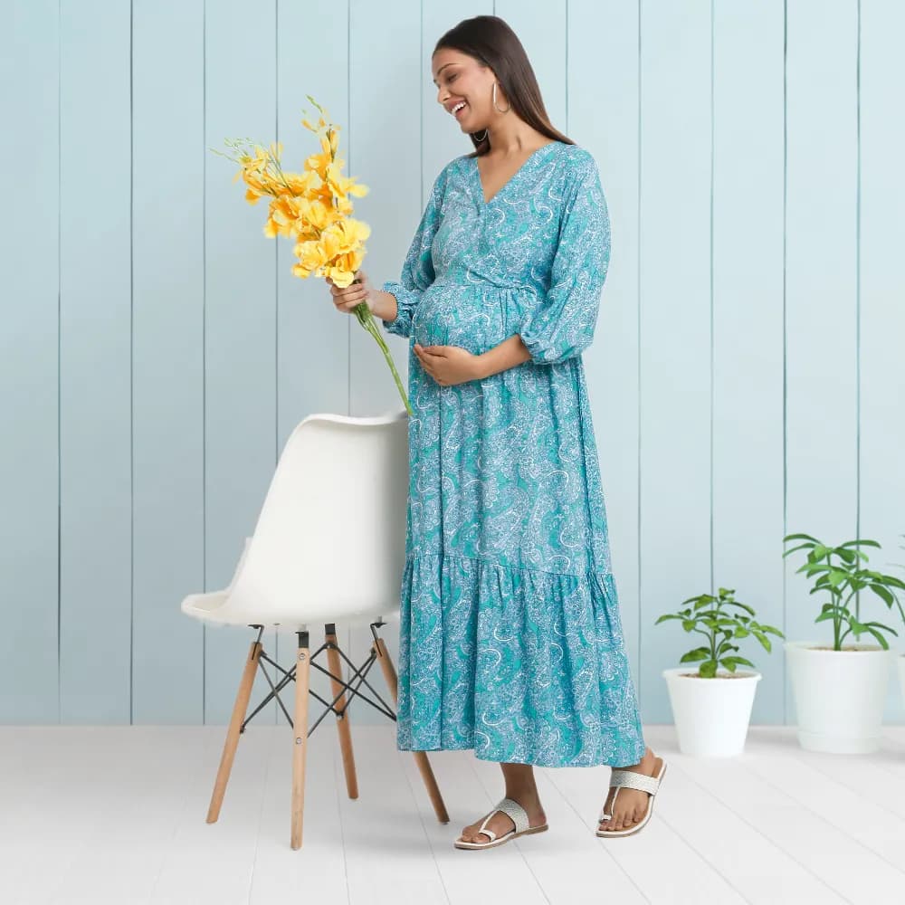 Maternity Dresses For Women with Both Side Zipper For Easy Feeding | Adjustable Belt for Growing Belly | Maxi Dress | Persian Paisley - Green | M