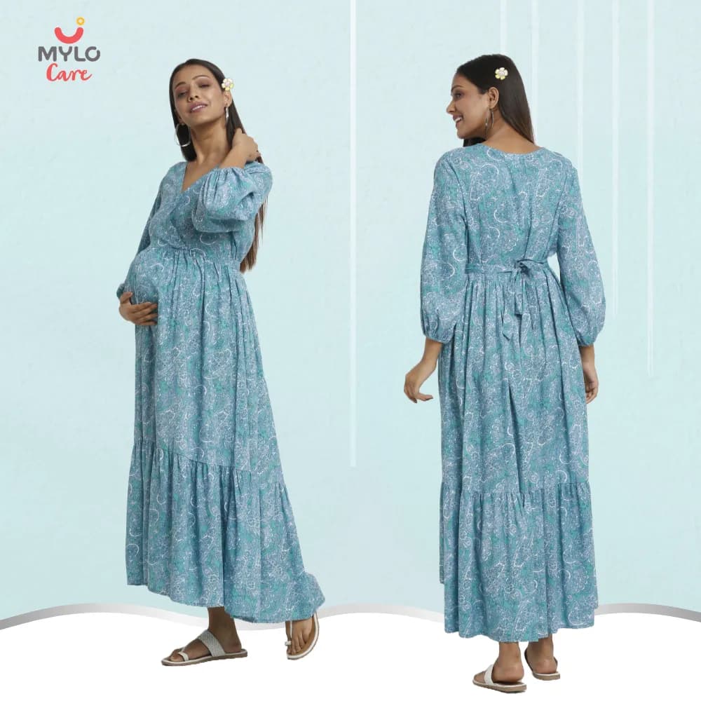 Maternity Dresses For Women with Both Side Zipper For Easy Feeding | Adjustable Belt for Growing Belly | Maxi Dress | Persian Paisley - Green | M