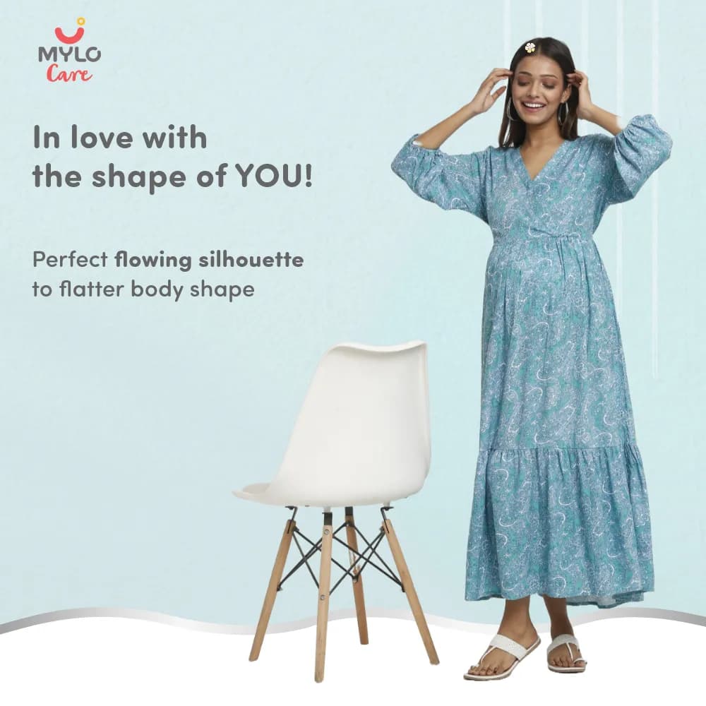 Maternity Dresses For Women with Both Side Zipper For Easy Feeding | Adjustable Belt for Growing Belly | Maxi Dress | Persian Paisley - Green | M