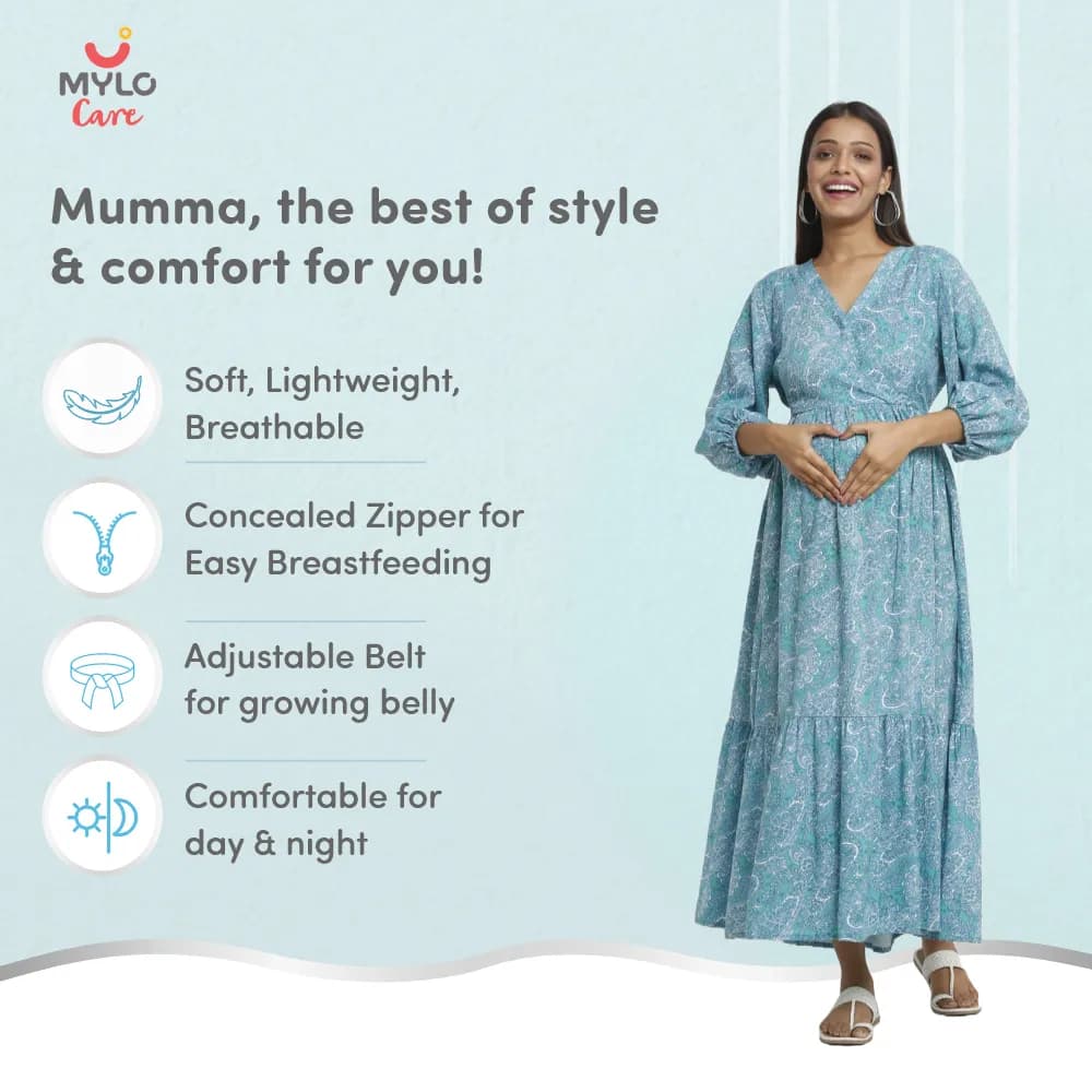 Maternity Dresses For Women with Both Side Zipper For Easy Feeding | Adjustable Belt for Growing Belly | Maxi Dress | Persian Paisley - Green | M