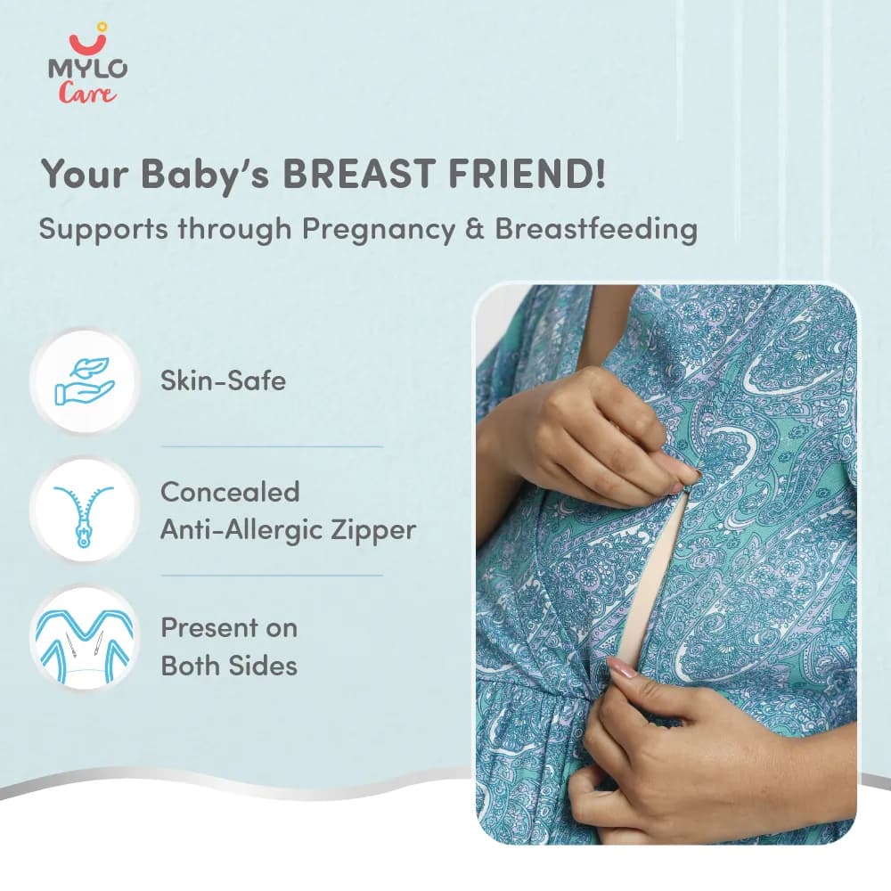 Maternity Dresses For Women with Both Side Zipper For Easy Feeding | Adjustable Belt for Growing Belly | Maxi Dress | Persian Paisley - Green | M