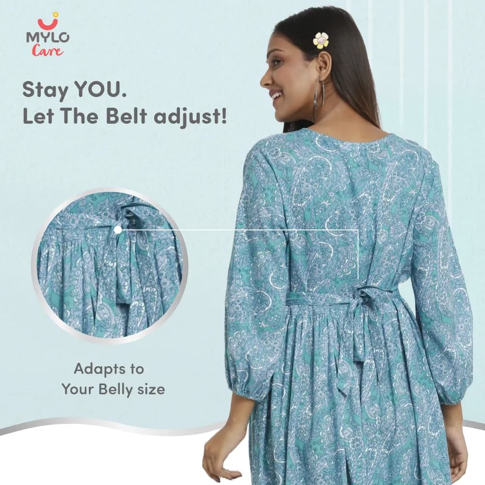 Maternity Dresses For Women with Both Side Zipper For Easy Feeding | Adjustable Belt for Growing Belly | Maxi Dress | Persian Paisley - Green | M