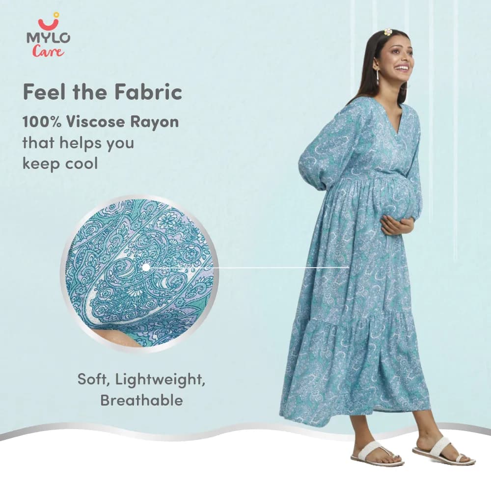 Maternity Dresses For Women with Both Side Zipper For Easy Feeding | Adjustable Belt for Growing Belly | Maxi Dress | Persian Paisley - Green | M