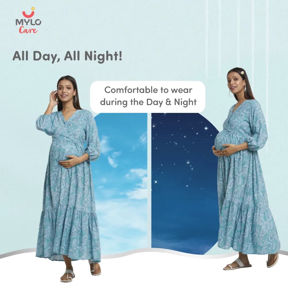 Maternity Dresses For Women with Both Side Zipper For Easy Feeding | Adjustable Belt for Growing Belly | Maxi Dress | Persian Paisley - Green | XL