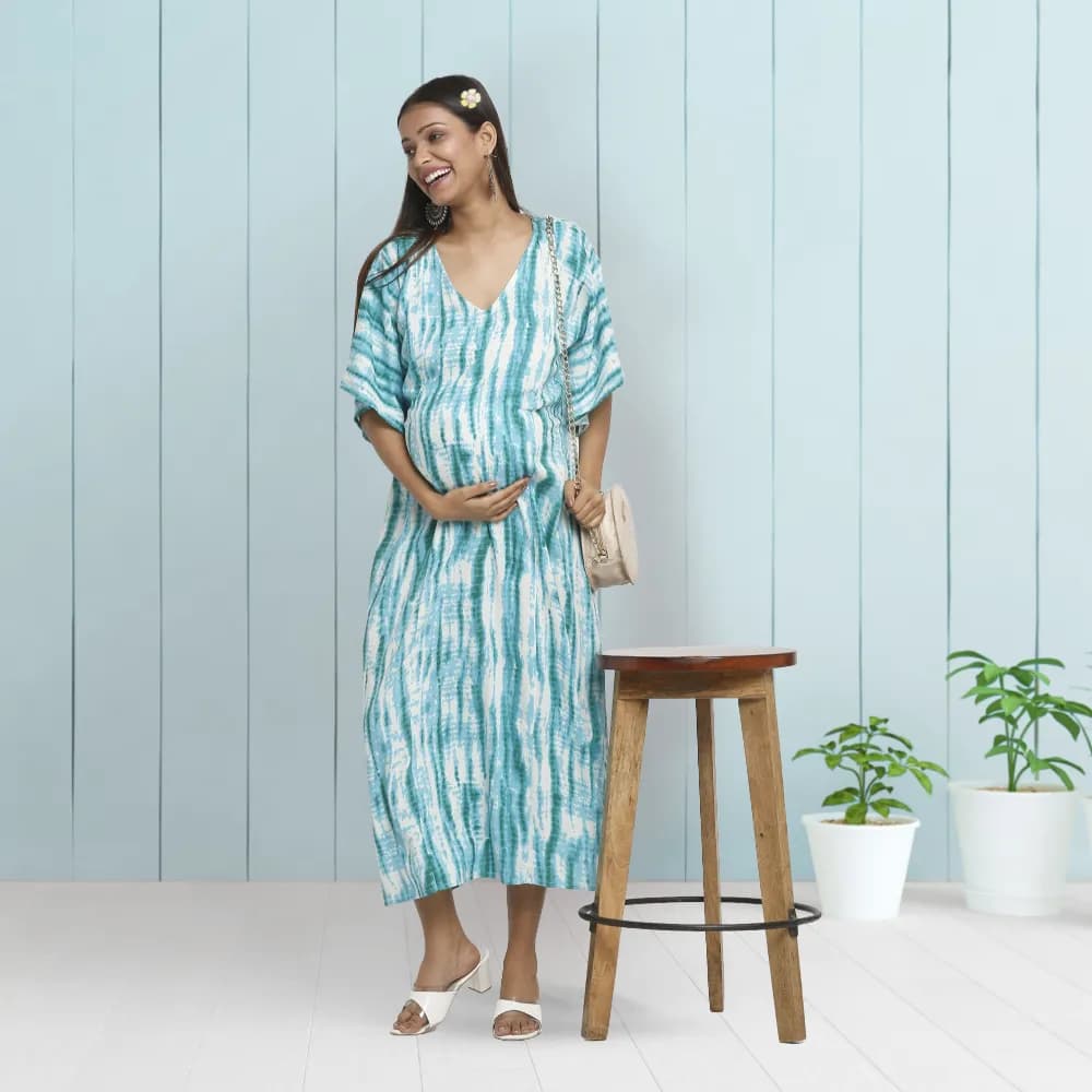 Maternity Dresses For Women with Both Side Zipper For Easy Feeding | Adjustable Belt for Growing Belly | Kaftan Dress | Shibori Print - Sea Green | XL