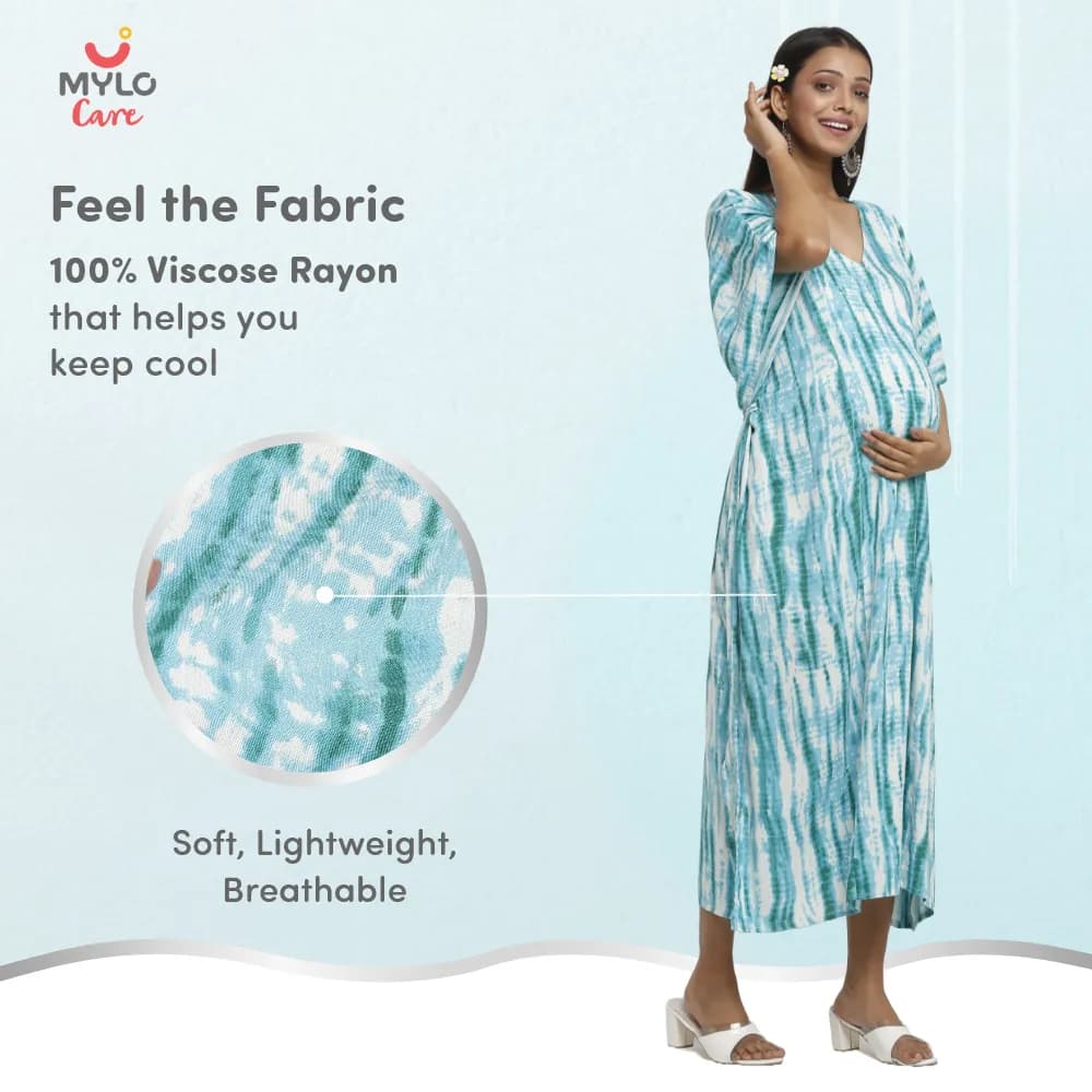 Maternity Dresses For Women with Both Side Zipper For Easy Feeding | Adjustable Belt for Growing Belly | Kaftan Dress | Shibori Print - Sea Green | XXL