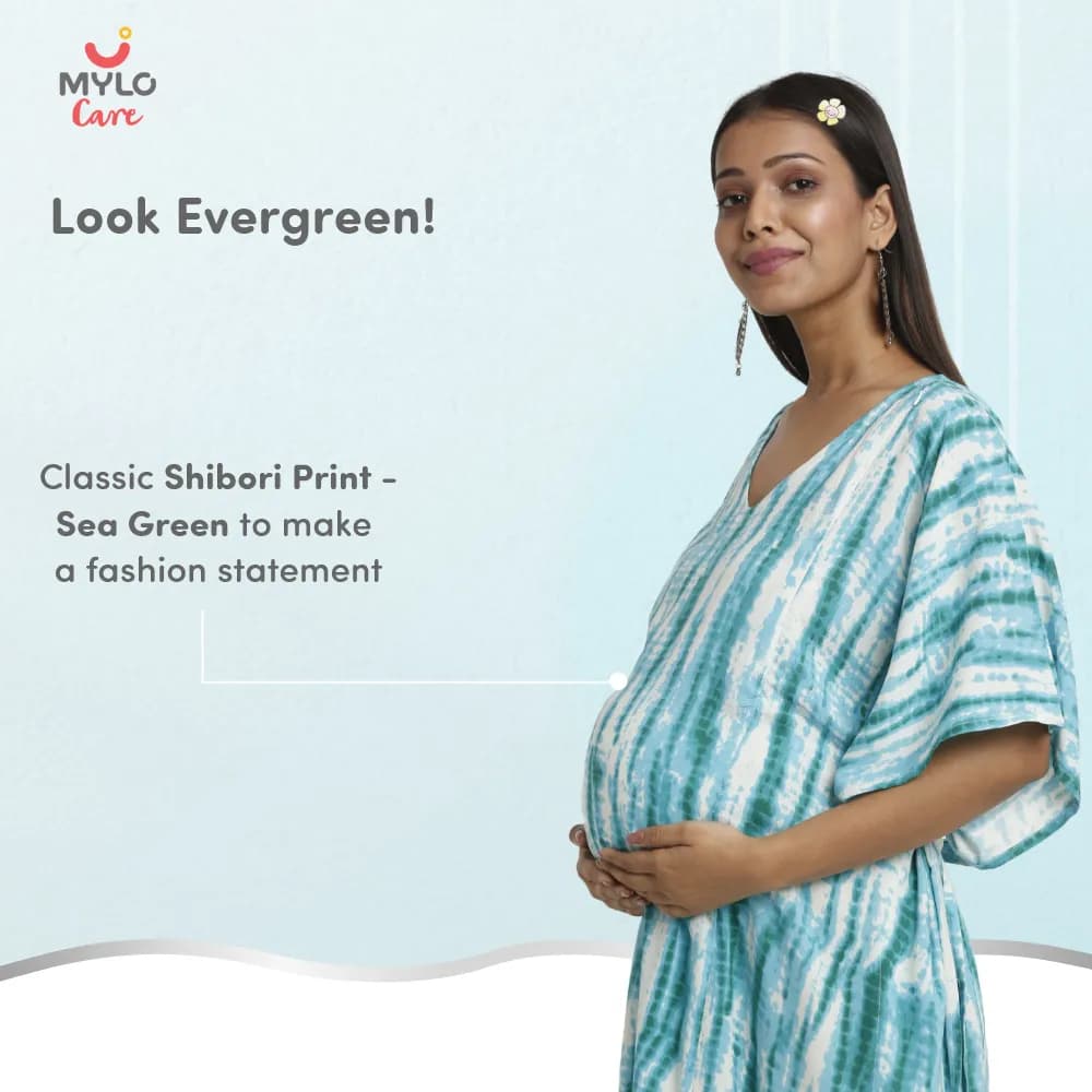 Maternity Dresses For Women with Both Side Zipper For Easy Feeding | Adjustable Belt for Growing Belly | Kaftan Dress | Shibori Print - Sea Green | XXL