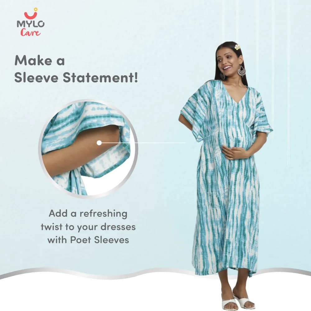 Maternity Dresses For Women with Both Side Zipper For Easy Feeding | Adjustable Belt for Growing Belly | Kaftan Dress | Shibori Print - Sea Green | XXL