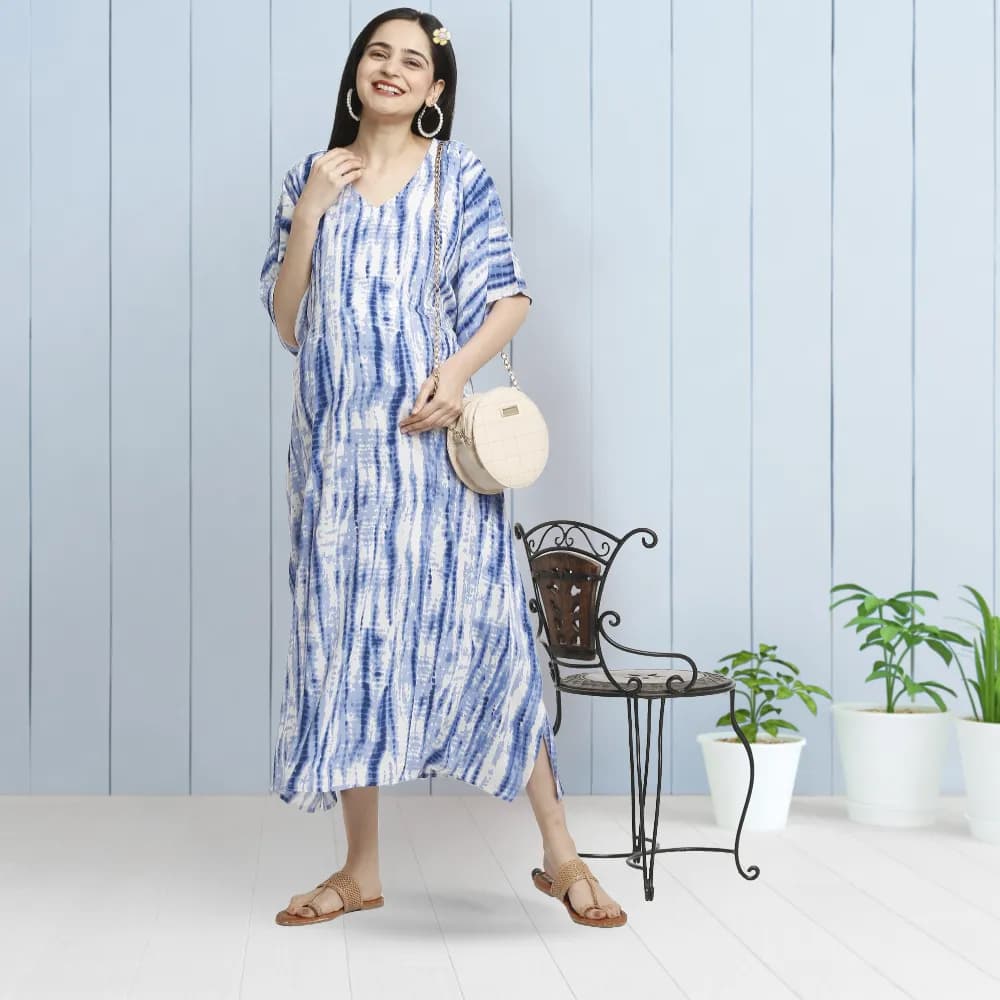 Maternity Dresses For Women with Both Side Zipper For Easy Feeding | Adjustable Belt for Growing Belly | Kaftan Dress | Shibori Print - Navy | M