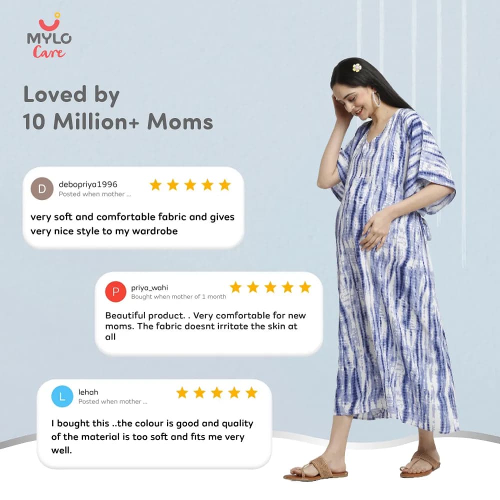 Maternity Dresses For Women with Both Side Zipper For Easy Feeding | Adjustable Belt for Growing Belly | Kaftan Dress | Shibori Print - Navy | XL