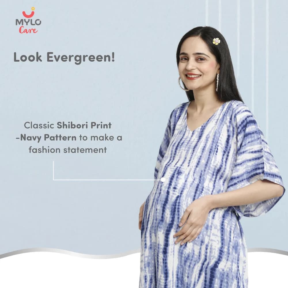 Maternity Dresses For Women with Both Side Zipper For Easy Feeding | Adjustable Belt for Growing Belly | Kaftan Dress | Shibori Print - Navy | XL