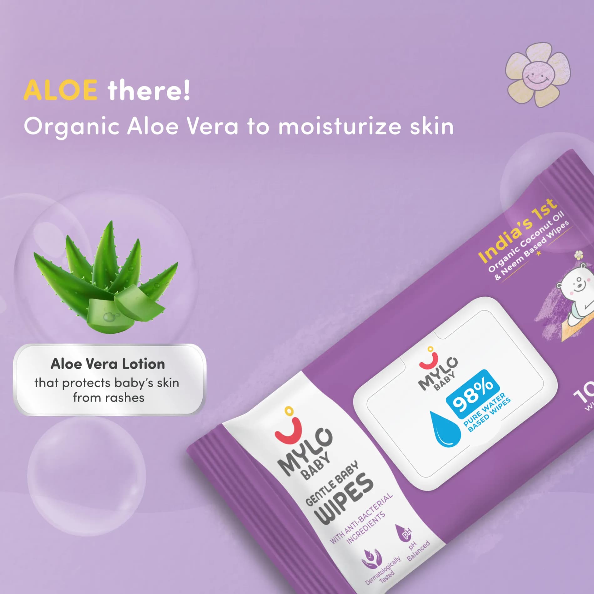 Gentle Baby Wipes With Lid - Organic Coconut Oil, Neem, Aloe Vera and Vitamin E | 98% Pure Water | Dermatologically Tested (Pack of 10) - 72 Wipes Per Pack