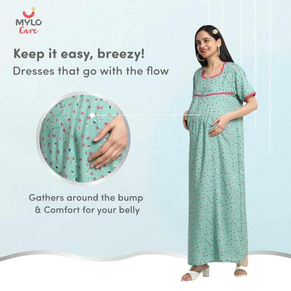 Maternity Dresses For Women with Both Side Zipper For Easy Feeding | Adjustable Belt for Growing Belly | Maxi Dress | Little Hearts - Sea Green | XL
