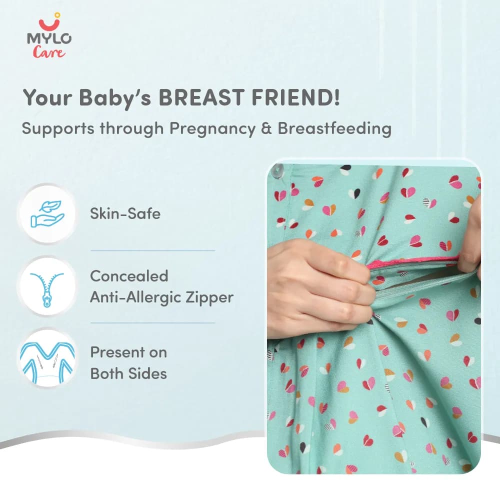 Maternity Dresses For Women with Both Side Zipper For Easy Feeding | Adjustable Belt for Growing Belly | Maxi Dress | Little Hearts - Sea Green | XL