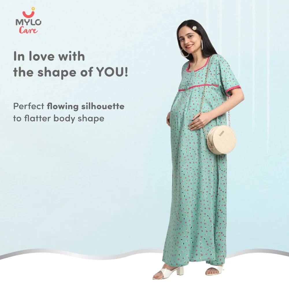 Maternity Dresses For Women with Both Side Zipper For Easy Feeding | Adjustable Belt for Growing Belly | Maxi Dress | Little Hearts - Sea Green | XXL