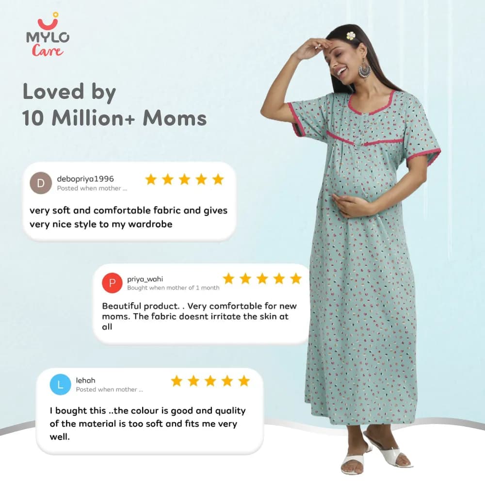 Maternity Dresses For Women with Both Side Zipper For Easy Feeding | Adjustable Belt for Growing Belly | Maxi Dress | Little Hearts - Sea Green | XXL