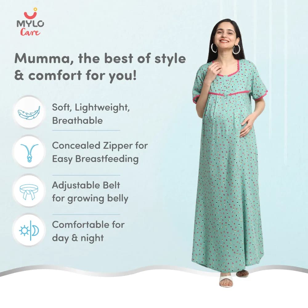 Maternity Dresses For Women with Both Side Zipper For Easy Feeding | Adjustable Belt for Growing Belly | Maxi Dress | Little Hearts - Sea Green | XXL