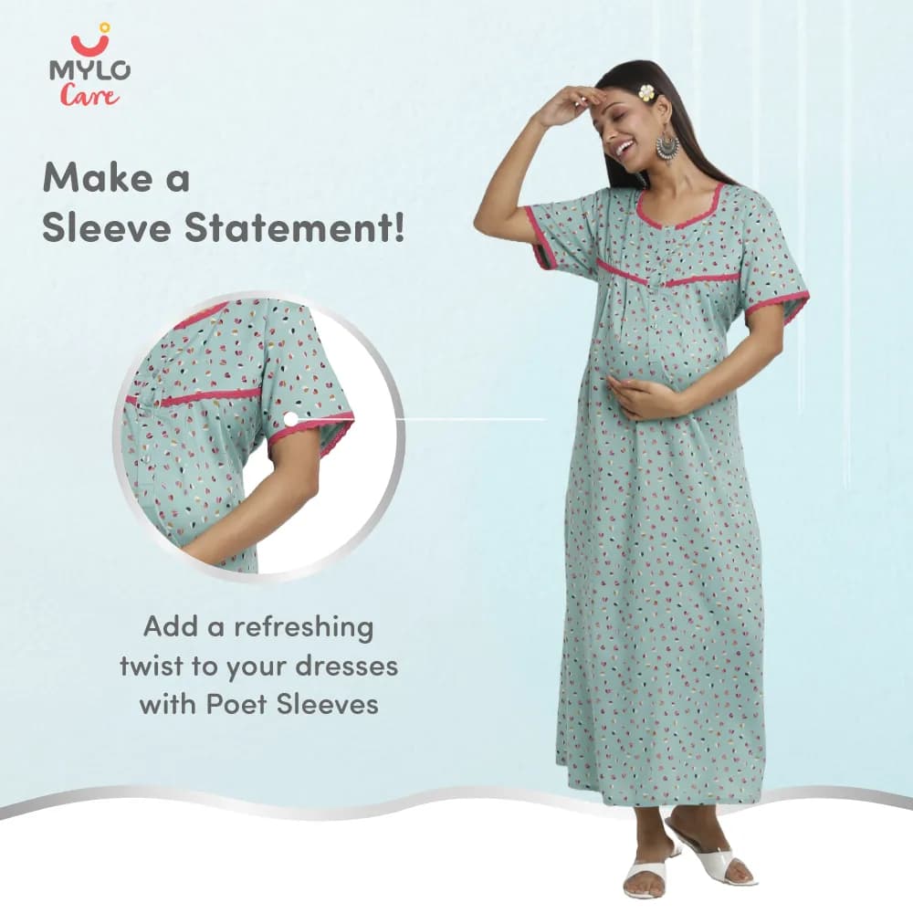 Maternity Dresses For Women with Both Side Zipper For Easy Feeding | Adjustable Belt for Growing Belly | Maxi Dress | Little Hearts - Sea Green | XXL