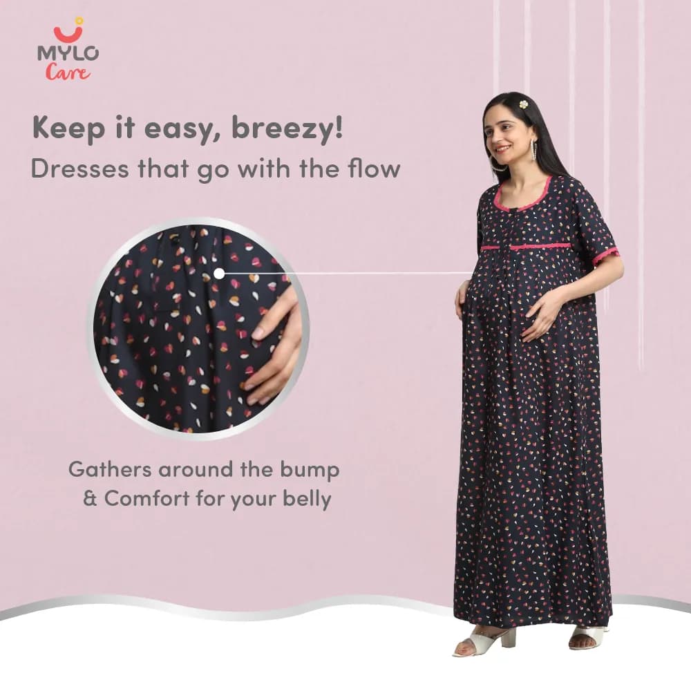 Maternity Dresses For Women with Both Side Zipper For Easy Feeding | Adjustable Belt for Growing Belly | Maxi Dress | Little Hearts - Navy | XL