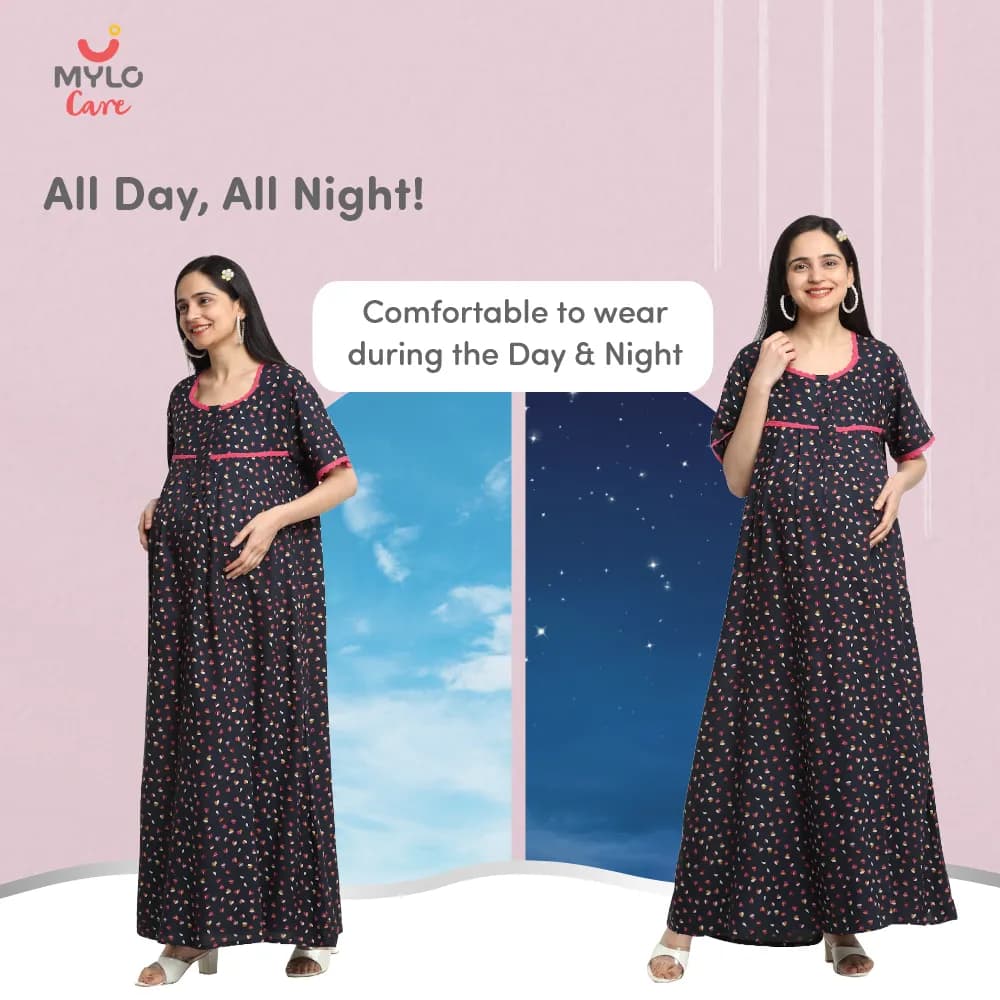 Maternity Dresses For Women with Both Side Zipper For Easy Feeding | Adjustable Belt for Growing Belly | Maxi Dress | Little Hearts - Navy | XL