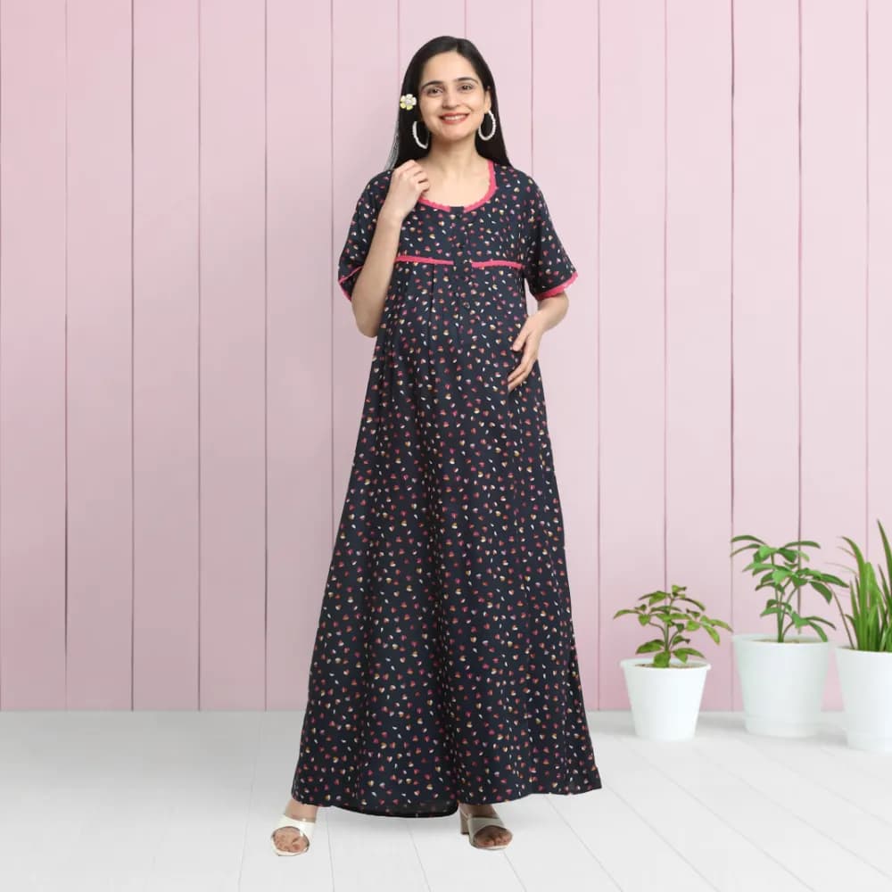 Maternity Dresses For Women with Both Side Zipper For Easy Feeding | Adjustable Belt for Growing Belly | Maxi Dress | Little Hearts - Navy | XXL