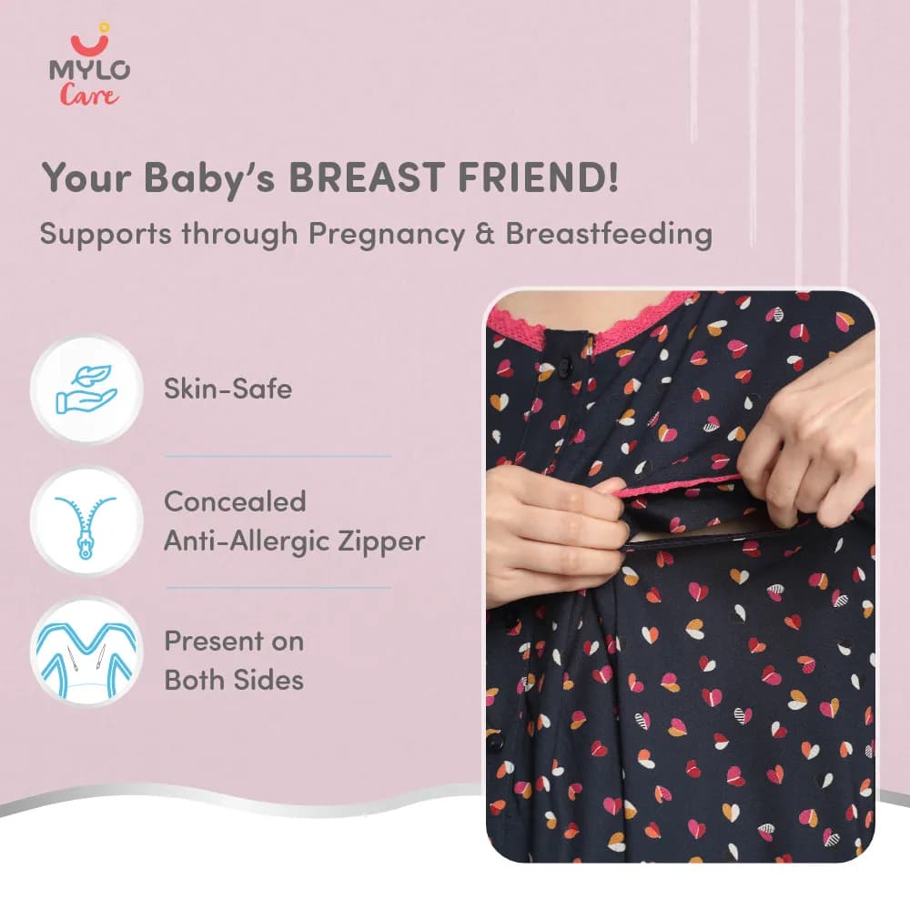 Maternity Dresses For Women with Both Side Zipper For Easy Feeding | Adjustable Belt for Growing Belly | Maxi Dress | Little Hearts - Navy | XXL