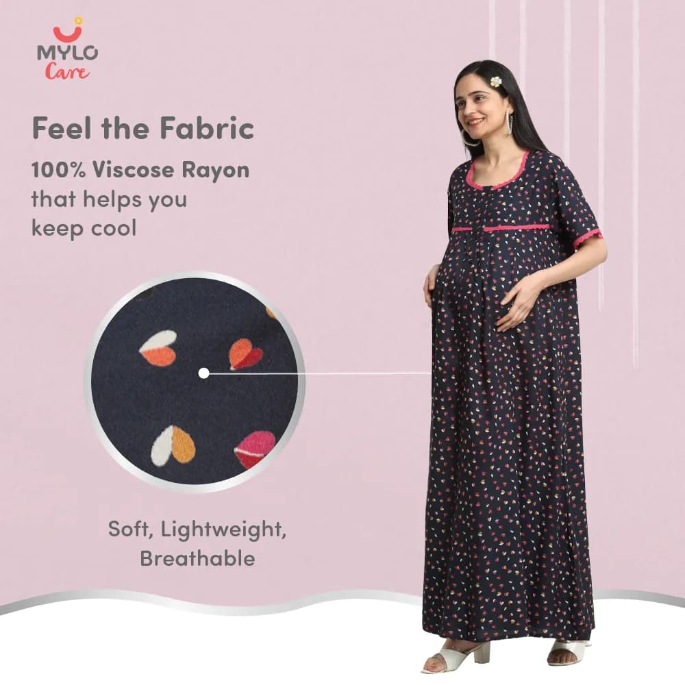 Maternity Dresses For Women with Both Side Zipper For Easy Feeding | Adjustable Belt for Growing Belly | Maxi Dress | Little Hearts - Navy | XXL