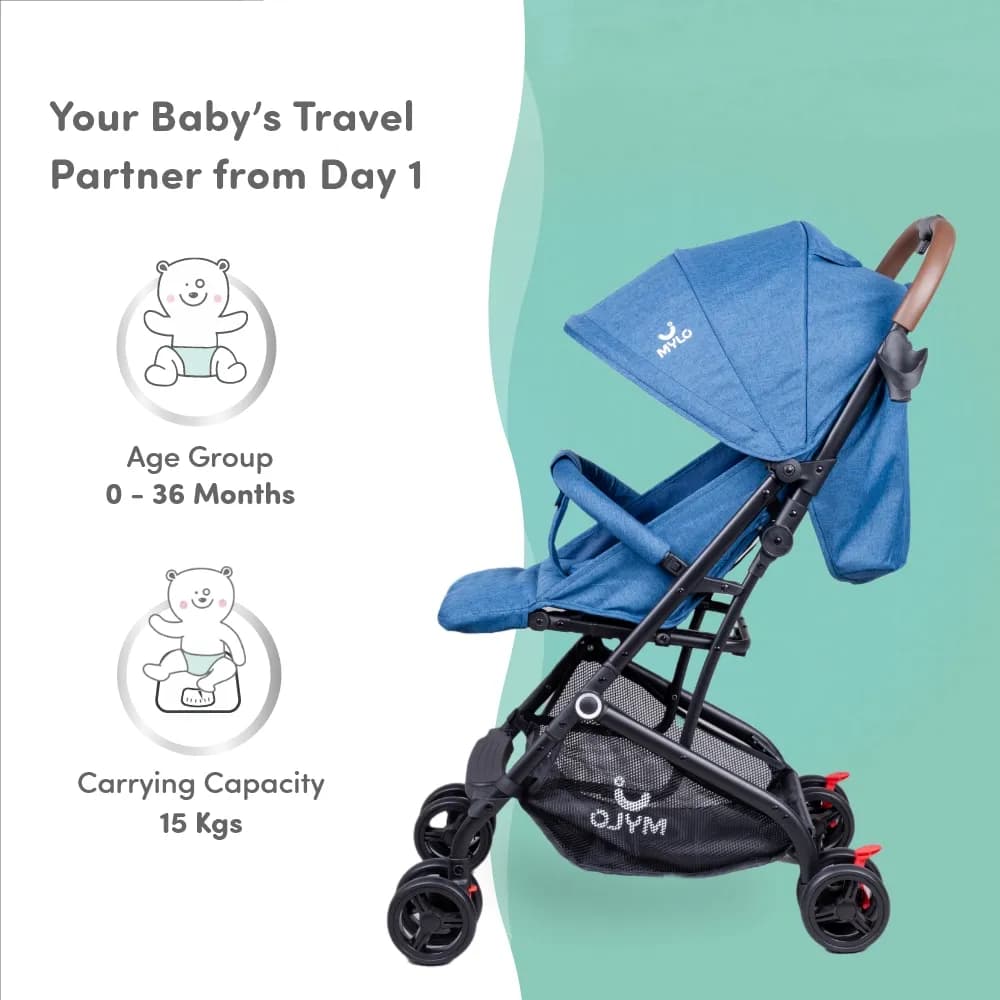 Riviera Ultra-Light Premium Baby Stroller for 0-3 Year | Baby Pram for Toddlers & Kids | 5 Point Safety Harness | Compact Design | Air Travel Friendly - Blue