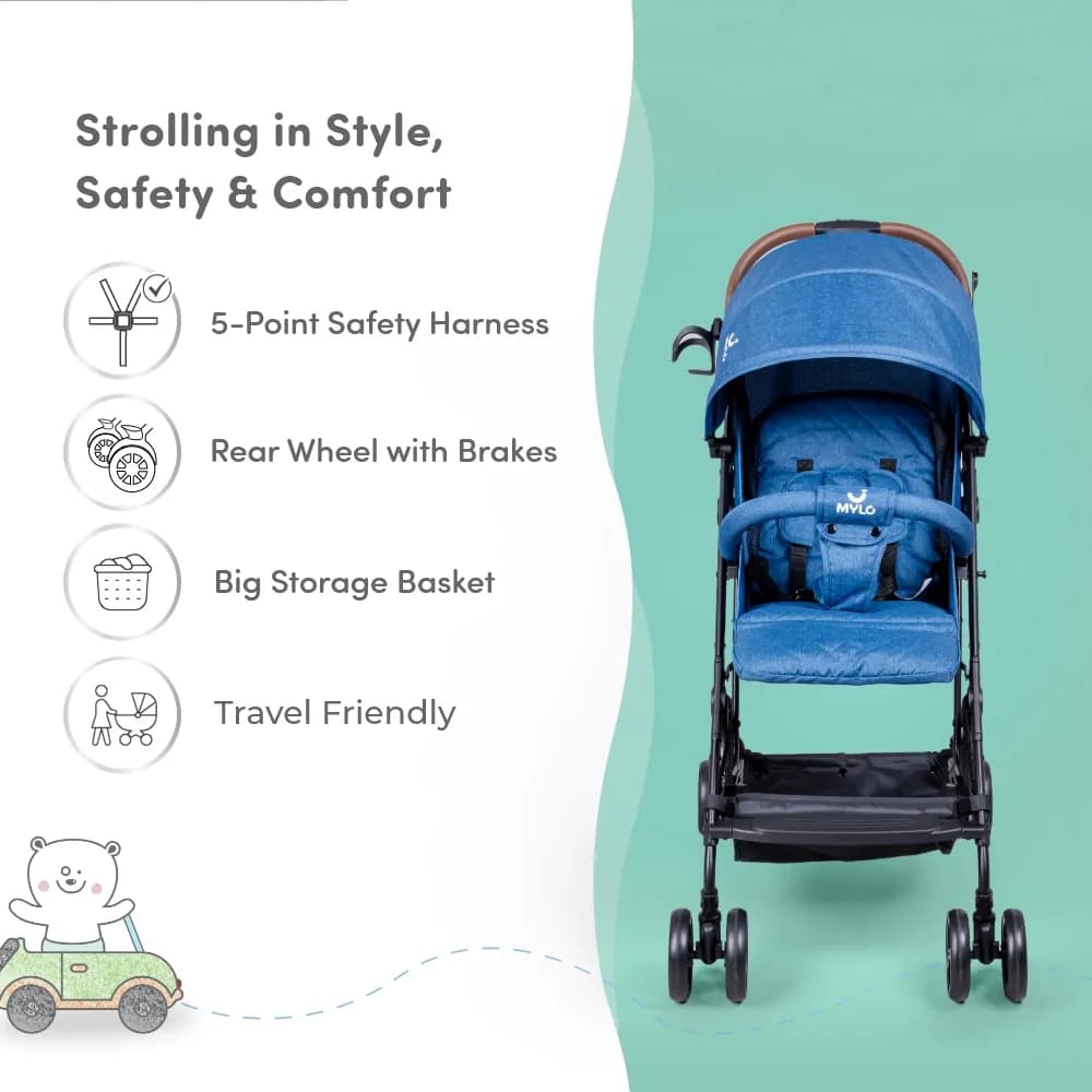 Riviera Ultra-Light Premium Baby Stroller for 0-3 Year | Baby Pram for Toddlers & Kids | 5 Point Safety Harness | Compact Design | Air Travel Friendly - Blue