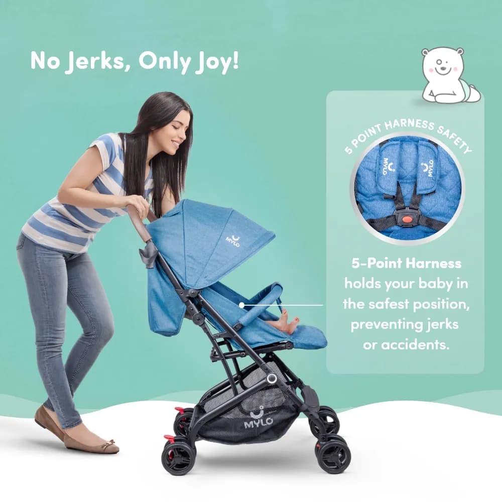 Riviera Ultra-Light Premium Baby Stroller for 0-3 Year | Baby Pram for Toddlers & Kids | 5 Point Safety Harness | Compact Design | Air Travel Friendly - Blue