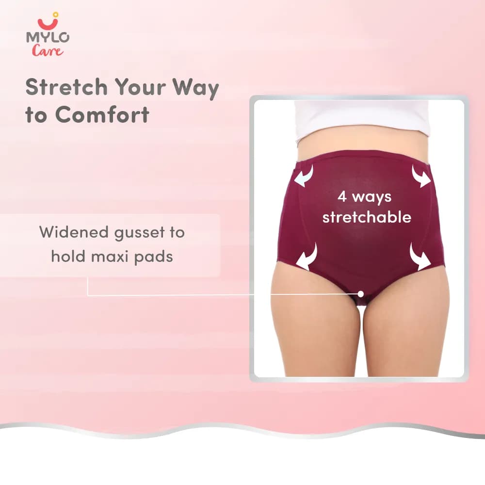 High Waist Maternity Panty for Pregnancy & Post-Delivery | Anti-Microbial with Comfy Adjustable Waistband - Grey & Wine - XL - Pack of 2