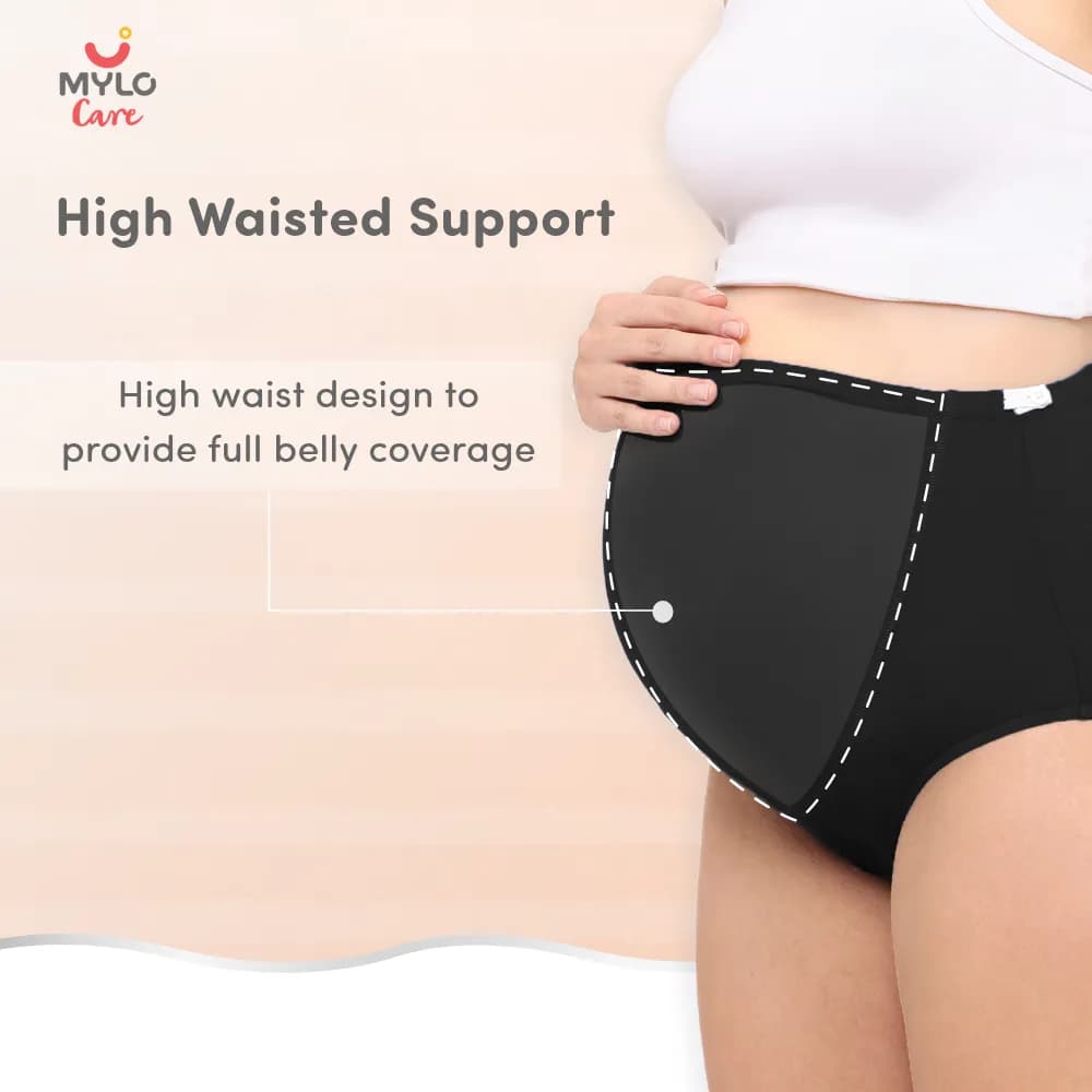 High Waist Maternity Panty for Pregnancy & Post-Delivery | Anti-Microbial with Comfy Adjustable Waistband - Skin & Black - XXL - Pack of 2