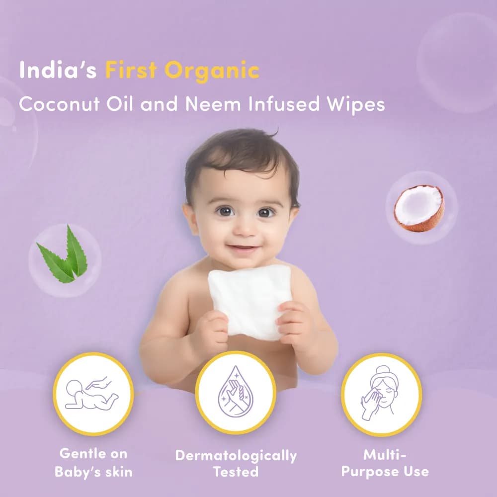 Gentle Baby Wipes With Lid - Organic Coconut Oil, Neem, Aloe Vera and Vitamin E | 98% Pure Water | Dermatologically Tested (Pack of 4 + 1 Pack Free) -72  Wipes Per Pack