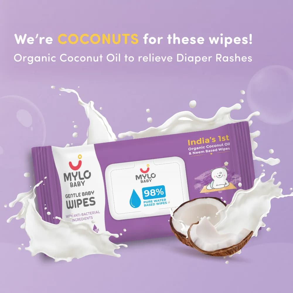 Gentle Baby Wipes With Lid - Organic Coconut Oil, Neem, Aloe Vera and Vitamin E | 98% Pure Water | Dermatologically Tested (Pack of 4 + 1 Pack Free) -72  Wipes Per Pack