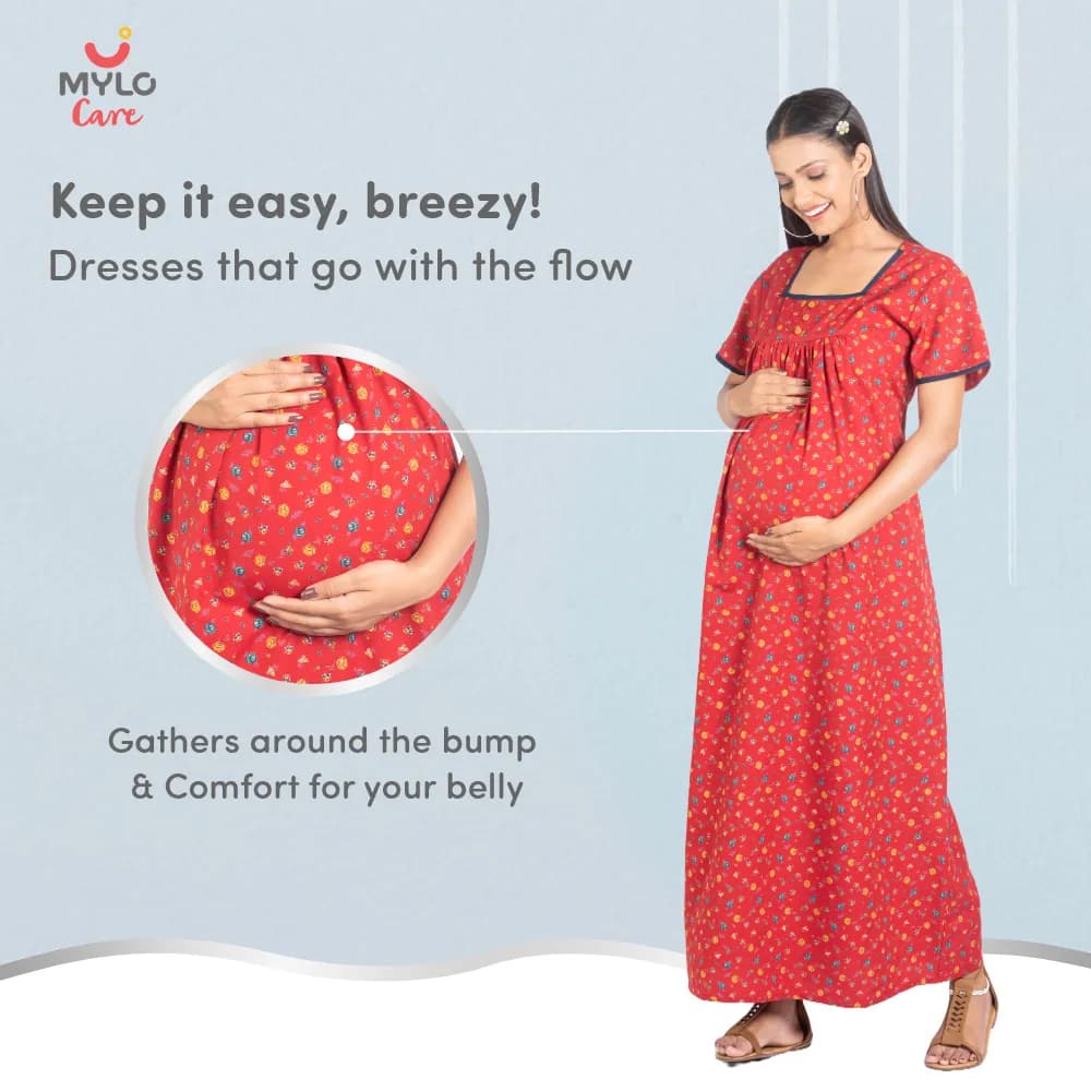 Maternity Dresses For Women with Both Side Zipper For Easy Feeding | Adjustable Belt for Growing Belly | Maxi Nighty Dress | Liberty Red | M