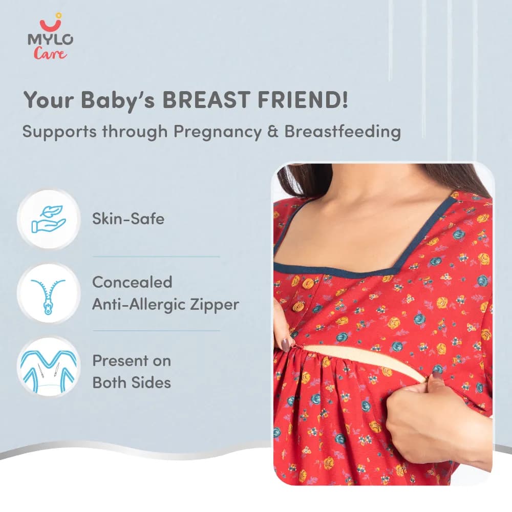 Maternity Dresses For Women with Both Side Zipper For Easy Feeding | Adjustable Belt for Growing Belly | Maxi Nighty Dress | Liberty Red | XL